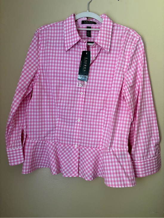 Lauren Ralph Lauren Tops - Lauren Ralph Lauren Pink Gingham Peplum Button-Up Blouse